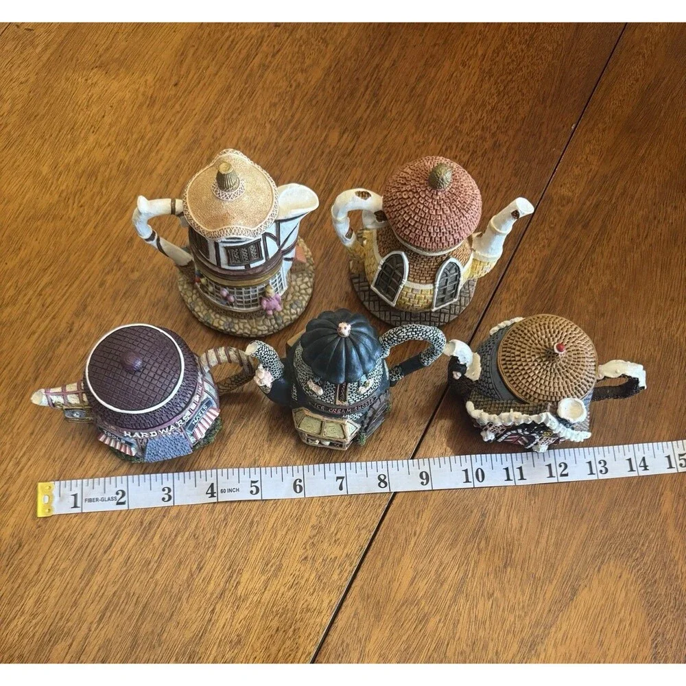 Hometown Teapot Cottages Lot of 5 Teapot Trinket Boxes Hardware Ice Cream Antiqu